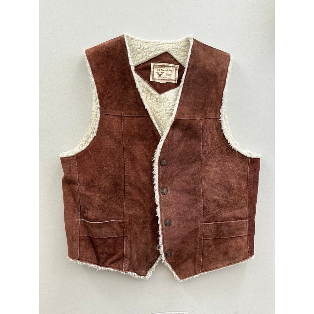 El Venado Mens Brown Suede Leather Shearling Lined Western Rancher Vest Mexico